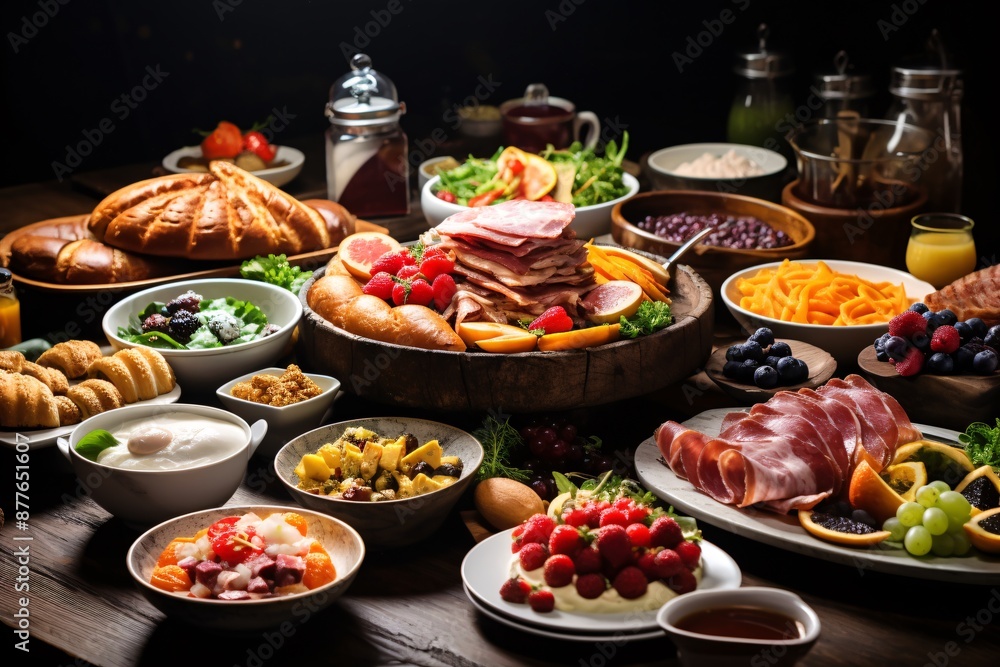 Brunch spread with a variet of dishes pastries. Village Breakfast with ...