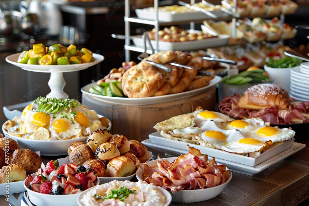 Brunch spread with a variet of dishes pastries. Village Breakfast with pastries, vegetables, greens, spreads, cheeses, fried eggs, jams Brunch spread with a variet of dishes pastries. Village Breakfast with pastries, vegetables, greens, spreads, cheeses, fried eggs, jams