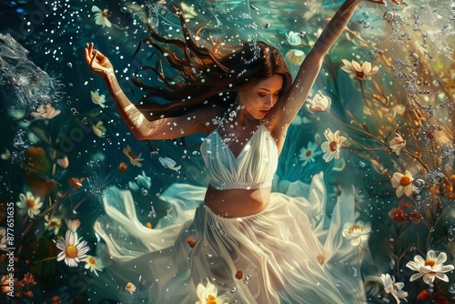 Beautiful young woman with long hair is gracefully floating underwater, adorned in a flowing white dress, surrounded by delicate flowers and shimmering bubbles © ylivdesign