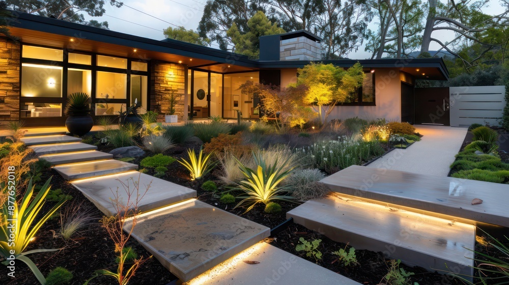 modern garden path in a suburban mid-century modern home with integrated lighting and native plants modern garden path in a suburban mid-century modern home with integrated lighting and native plants