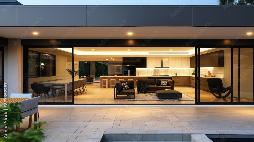 Naklejka premium seamless blend of indoor and outdoor living spaces in a suburban modern home with sliding glass doors