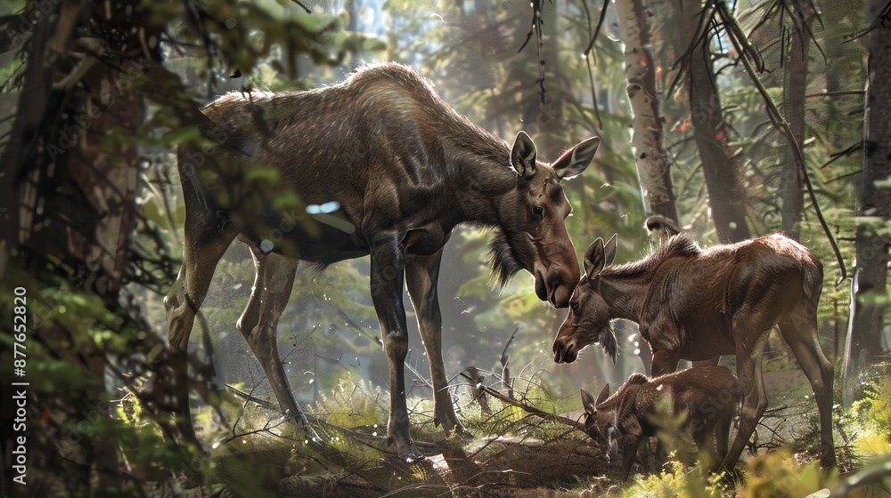 A touching image of a mother moose caring for her two young calves within a dense, sunlit forest, illustrating the bond between mother and offspring in the wilderness. A touching image of a mother moose caring for her two young calves within a dense, sunlit forest, illustrating the bond between mother and offspring in the wilderness.