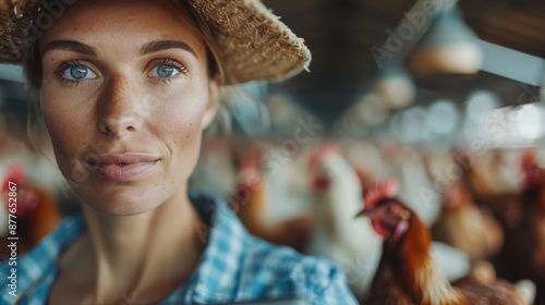 A woman wearing a blue checkered shirt and a straw hat is captured in a chicken farm, symbolizing farming, care and dedication towards livestock in a rural environment. photo