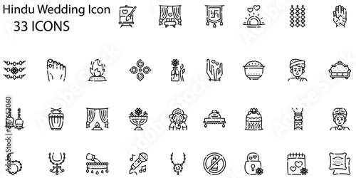 Set of hindu wedding icons. Line art style icons bundle. vector illustration
