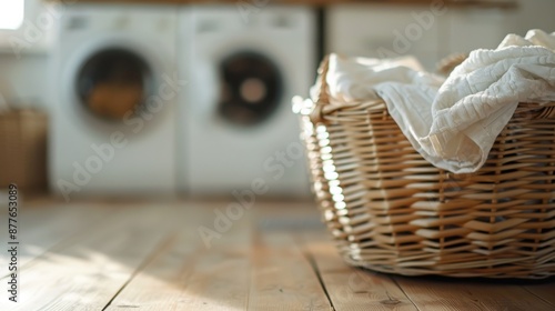 In a light-filled laundry room, a wicker basket filled with clean white laundry sits prominently on the wooden floor, encapsulating the essence of household maintenance. photo