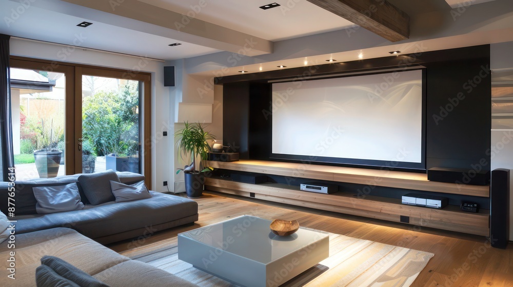 suburban contemporary living room with a custom-built entertainment center and a hidden projector screen suburban contemporary living room with a custom-built entertainment center and a hidden projector screen
