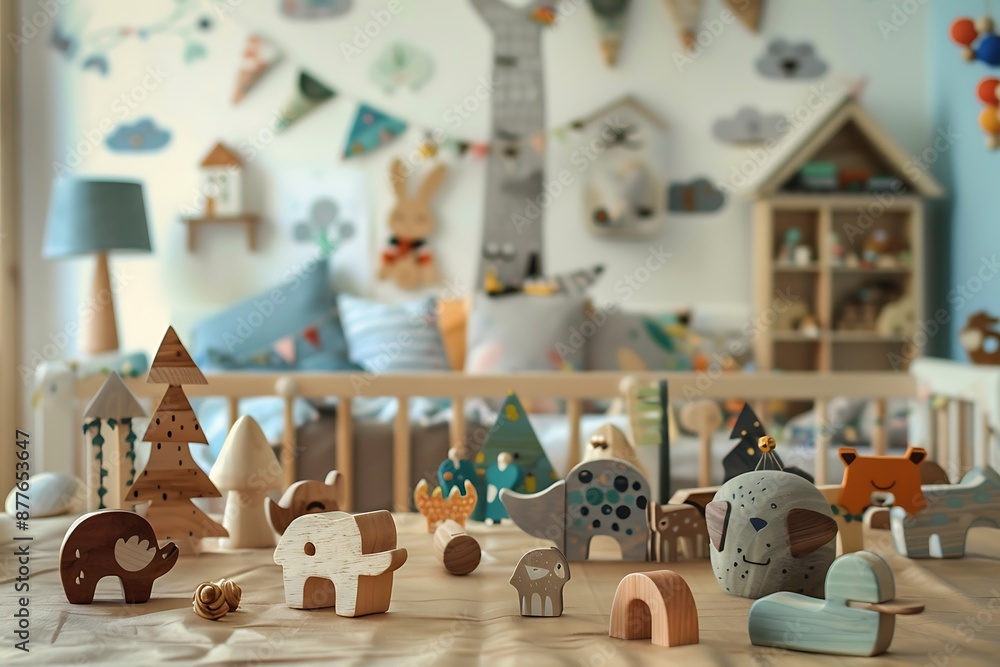 A collection of handcrafted wooden toys with a background of a playful nursery A collection of handcrafted wooden toys with a background of a playful nursery