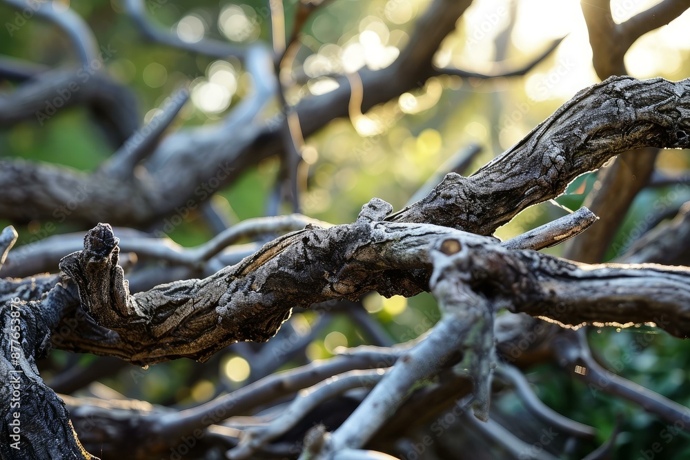 Warm sunlight streams through an intricate network of twisted tree branches at dusk Warm sunlight streams through an intricate network of twisted tree branches at dusk
