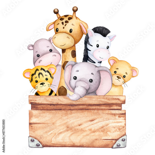 Cute animals in a box. Kids toys. Set of watercolor illustrations on the theme of safari, Africa, tropics, zoo. Elephant, zebra, lion, tiger, giraffe, hippo. Baby shower, birthday, children's party.
