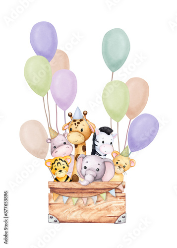 Cute animals in a box. Kids toys. Set of watercolor illustrations on the theme of safari, Africa, tropics, zoo. Elephant, zebra, lion, tiger, giraffe, hippo. Baby shower, birthday, children's party.
