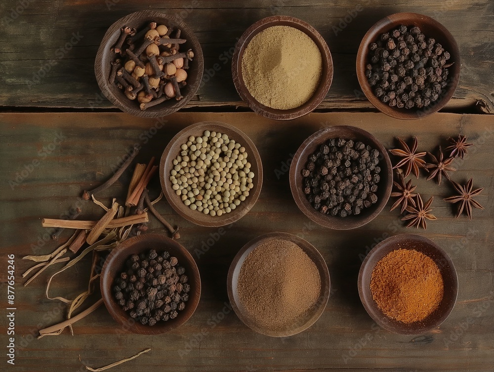 set of aromatic spices on wooden background set of aromatic spices on wooden background