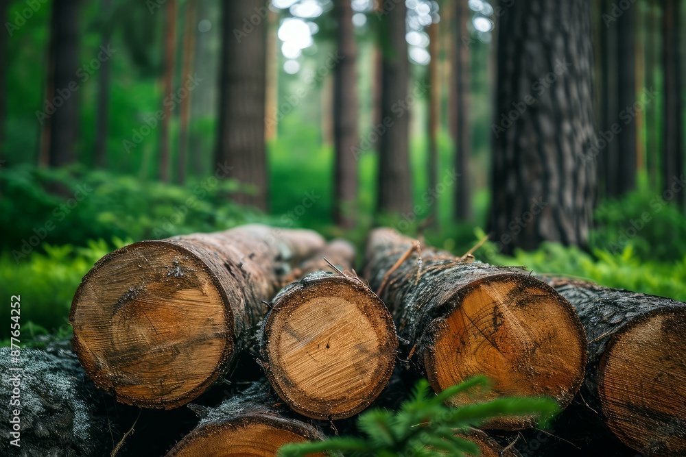 Freshly cut logs stacked in a vibrant green forest, showcasing natural wood and forestry Freshly cut logs stacked in a vibrant green forest, showcasing natural wood and forestry
