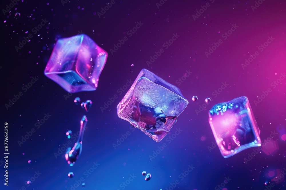 A collection of ice cubes suspended in mid-air, ideal for use in illustrations or design concepts related to cold weather, winter, or frozen materials A collection of ice cubes suspended in mid-air, ideal for use in illustrations or design concepts related to cold weather, winter, or frozen materials