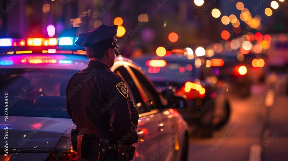 A police officer stands vigilantly by their car on a busy, well-lit street at night, with the city lights and multiple vehicles visible in the background. A police officer stands vigilantly by their car on a busy, well-lit street at night, with the city lights and multiple vehicles visible in the background.