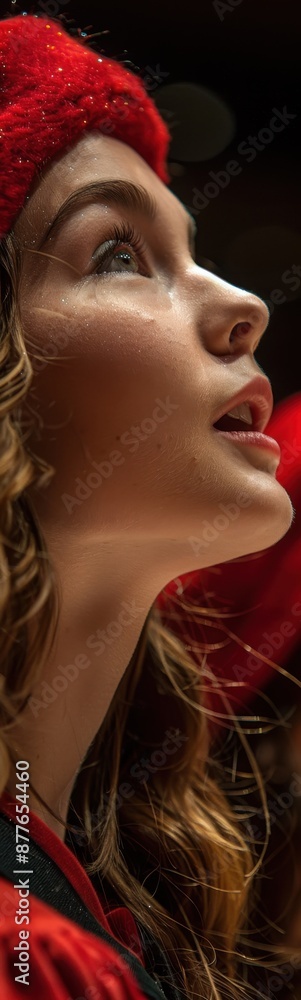 Blond woman with red hat and red scarf looking up, choir singers Blond woman with red hat and red scarf looking up, choir singers