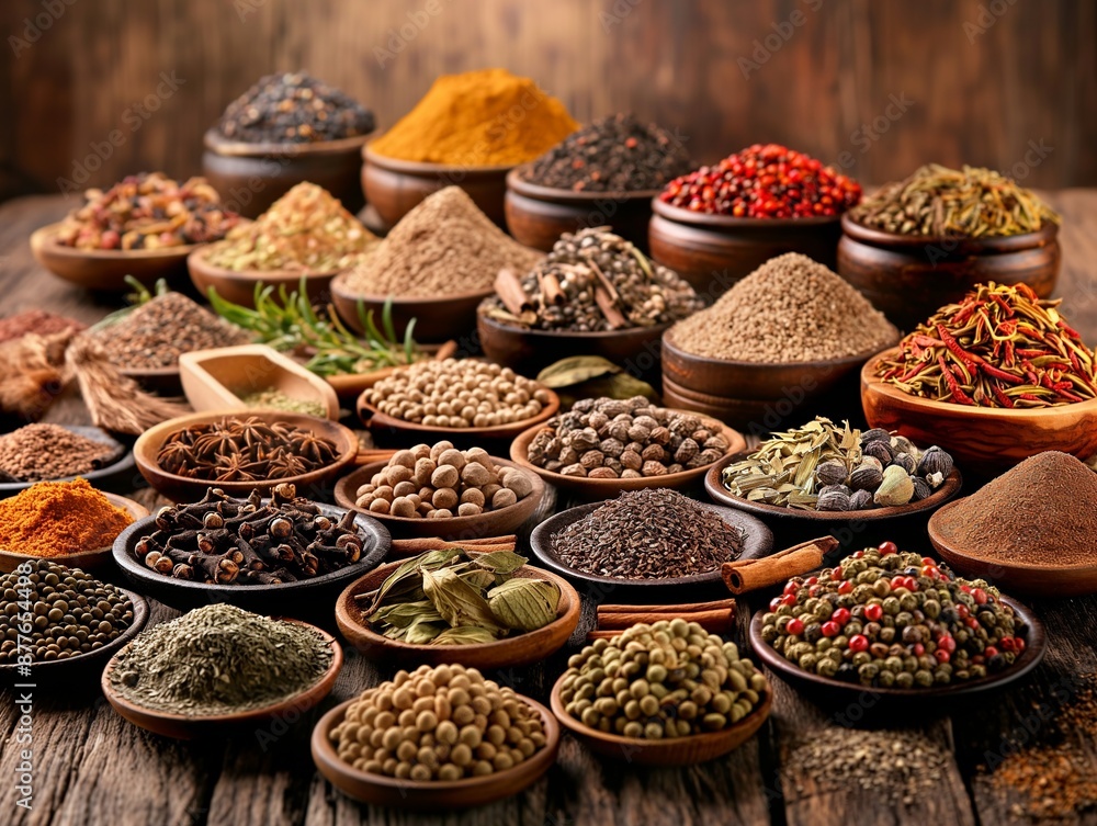 set of aromatic spices on wooden background set of aromatic spices on wooden background