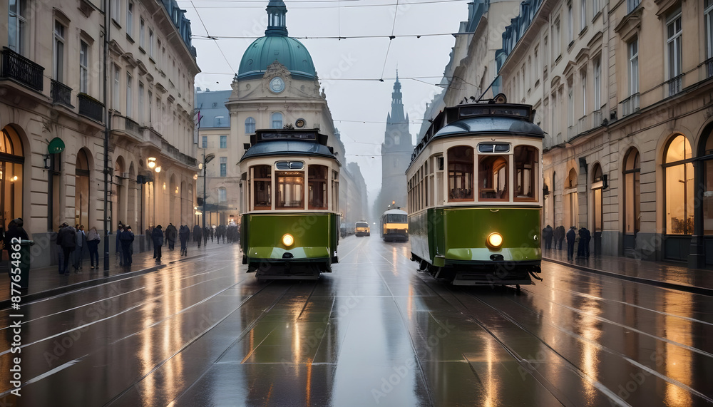 Naklejka premium Two vintage trams or tramways on a rainy street in a European city with buildings in the background Public transport
