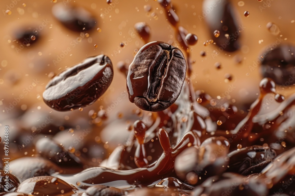 Close-up shot of coffee beans surrounded by rich chocolate syrup Close-up shot of coffee beans surrounded by rich chocolate syrup