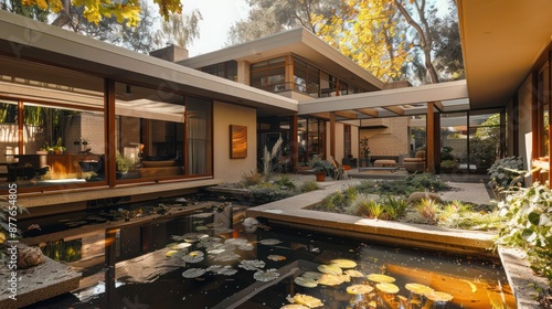 Wallpaper Mural suburban mid-century modern home with an open-air atrium in the center, creating a natural focal point and ventilation system Torontodigital.ca