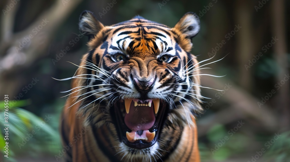 A close-up photograph of a tiger roaring, emphasizing its menacing expression and vibrant fur patterns, set against a blurred, natural jungle background. A close-up photograph of a tiger roaring, emphasizing its menacing expression and vibrant fur patterns, set against a blurred, natural jungle background.