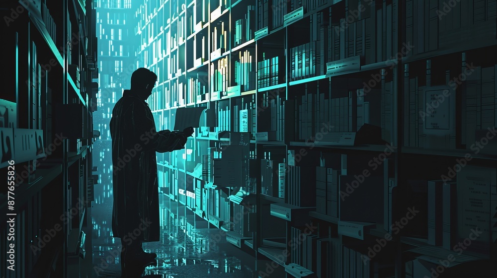 The image depicts a man browsing through numerous documents in a vast historical archive, with shelves filled with files and papers creating an atmosphere of research and discovery. The image depicts a man browsing through numerous documents in a vast historical archive, with shelves filled with files and papers creating an atmosphere of research and discovery.