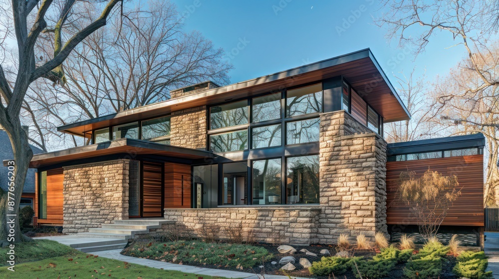 suburban mid-century modern home with a focus on texture, featuring exterior walls clad in rough-hewn stone and smooth wood panels suburban mid-century modern home with a focus on texture, featuring exterior walls clad in rough-hewn stone and smooth wood panels