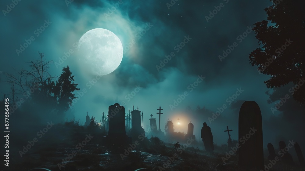 Fototapeta premium A haunting image of a mist-covered graveyard illuminated by a full moon, with eerie silhouettes amidst the tombstones, creating a chilling and ghostly atmosphere.