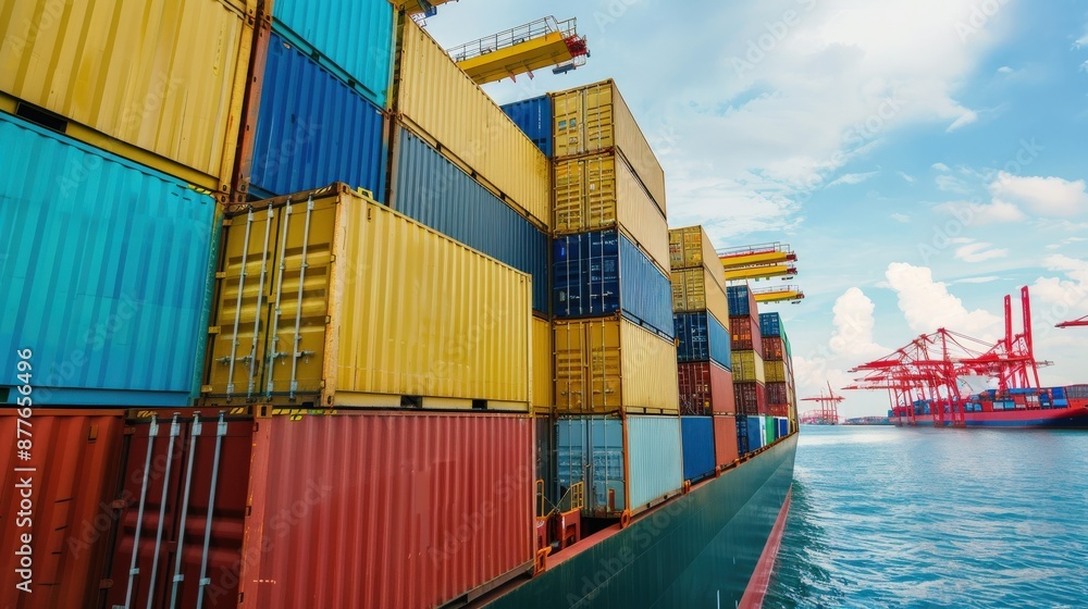 Fototapeta premium A containers at cargo. Concept of busyness and activity, as the ships are being loaded and unloaded with cargo