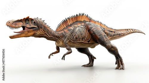 Fototapeta Naklejka Na Ścianę i Meble -  A detailed rendering of a ferocious dinosaur with pronounced spikes along its back, captured in a dynamic, intimidating pose showcasing its sharp teeth and powerful limbs.