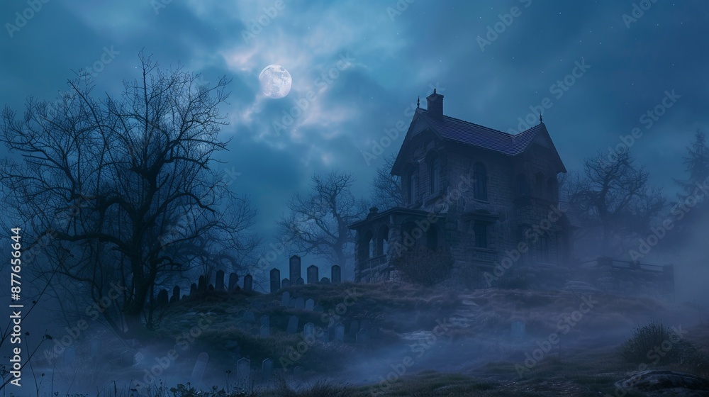 An abandoned house on a hill, surrounded by tombstones in the graveyard. Fog and a full moon add to the chilling and desolate feeling. An abandoned house on a hill, surrounded by tombstones in the graveyard. Fog and a full moon add to the chilling and desolate feeling.