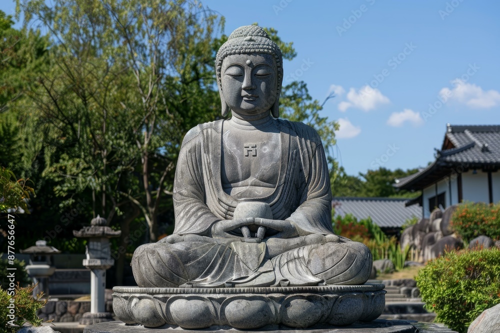 Serene ancient stone buddha statue meditating peacefully in a japanese garden Serene ancient stone buddha statue meditating peacefully in a japanese garden