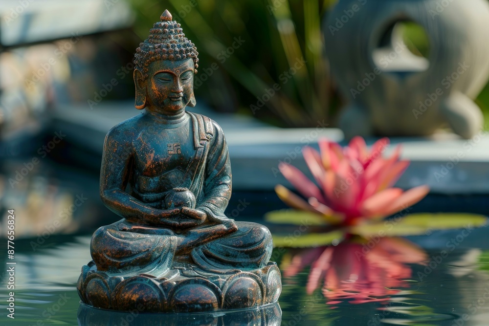 Bronze buddha statue sitting in meditation pose on water surface with pink water lily for zen spiritual concept