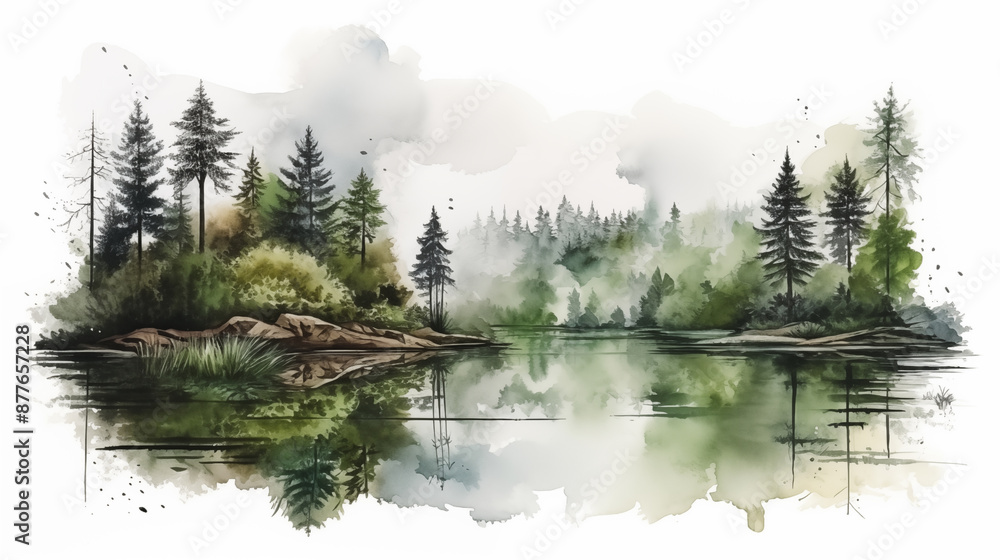 Fototapeta premium Double Exposure, White Background landscape scenes with water reflection illustration ~ Created using generative AI