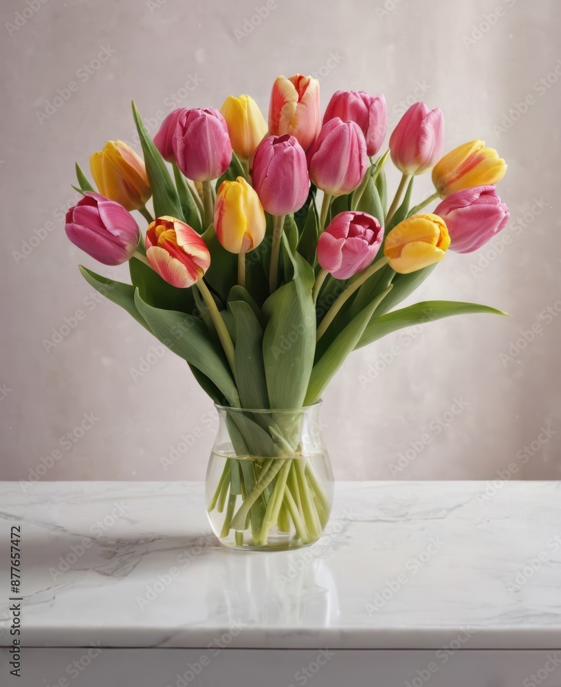 Obraz premium Beautiful bouquet of pink tulips for a wedding, the bouquet is tied with pink ribbons, white background, festive bouquet