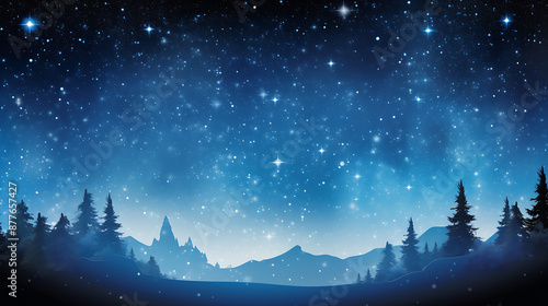 Dark blue night sky with white stars and a silhouette of a snowy mountain range with dark green trees. A magical winter wonderland scene.