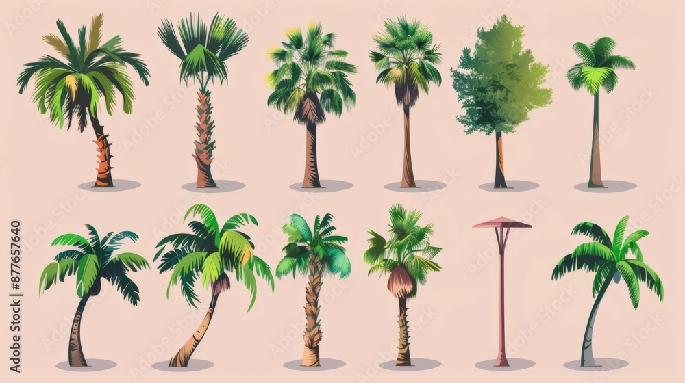 Fototapeta premium An illustration showcasing a collection of palm trees, each rendered in a unique and stylized form, highlighting the versatility and aesthetic appeal of tropical plants.