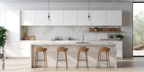 Modern kitchen with white cabinets and wooden bar stools, showcasing a minimalist and contemporary design for a stylish and functional space. 
