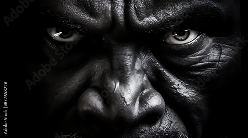 Close-up portrait, black white, intense, anger, fear,  human emotion,  intense gaze,  dramatic  and  dark. 