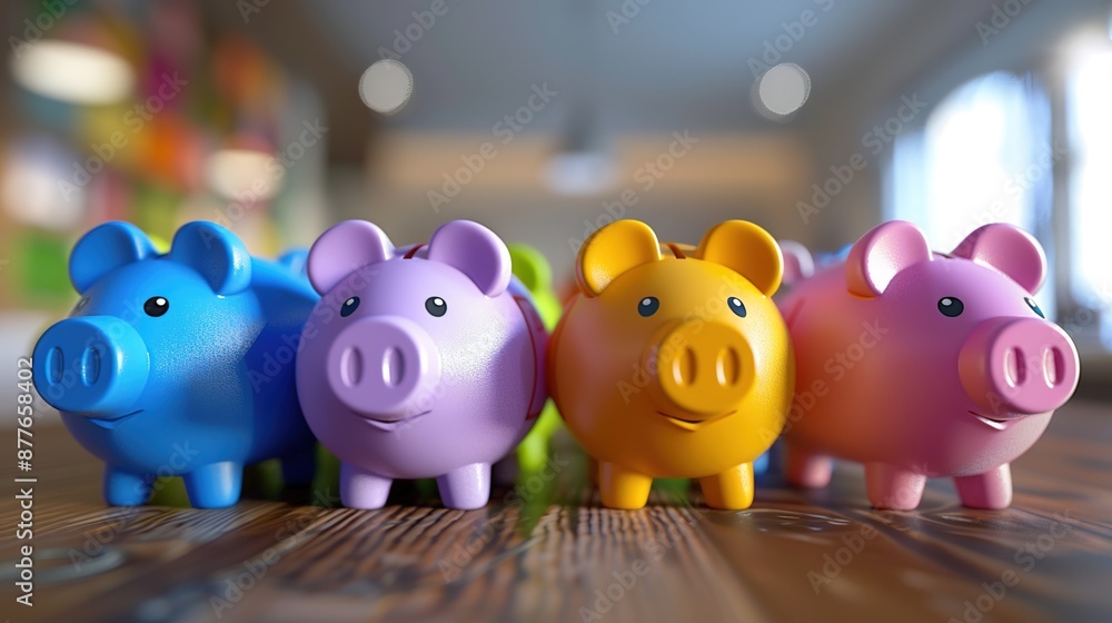 Obraz premium Diverse Financial Goals - Colorful Piggy Banks Stack with Copy Space Background for Text Insertion