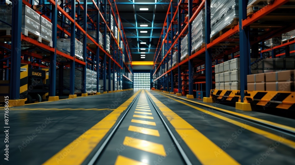 A track is shown in a large warehouse. The track is empty and the warehouse is mostly empty A track is shown in a large warehouse. The track is empty and the warehouse is mostly empty