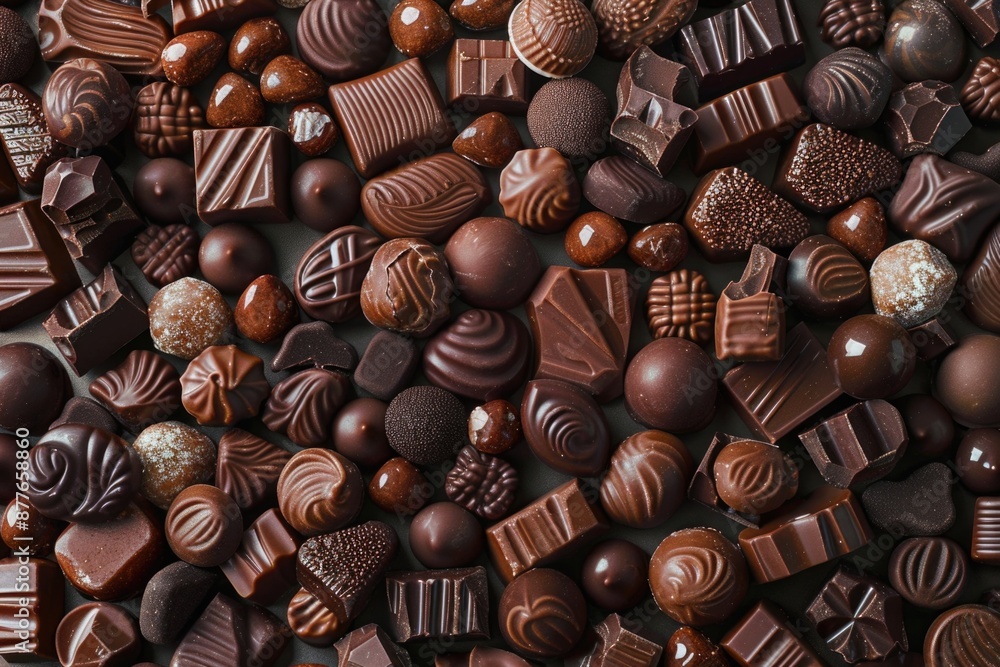 A close-up shot of a pile of chocolates sitting on a table, ideal for use in food-related content or as a decorative element A close-up shot of a pile of chocolates sitting on a table, ideal for use in food-related content or as a decorative element