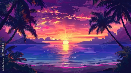 A breathtaking sunset over the ocean with the silhouettes of palm trees, casting a warm and vibrant glow in the sky, capturing the essence of tropical serenity and beauty.