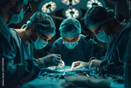 Surgical team conducting a detailed procedure under bright operating lights. Medical professionals in sterile clothing.