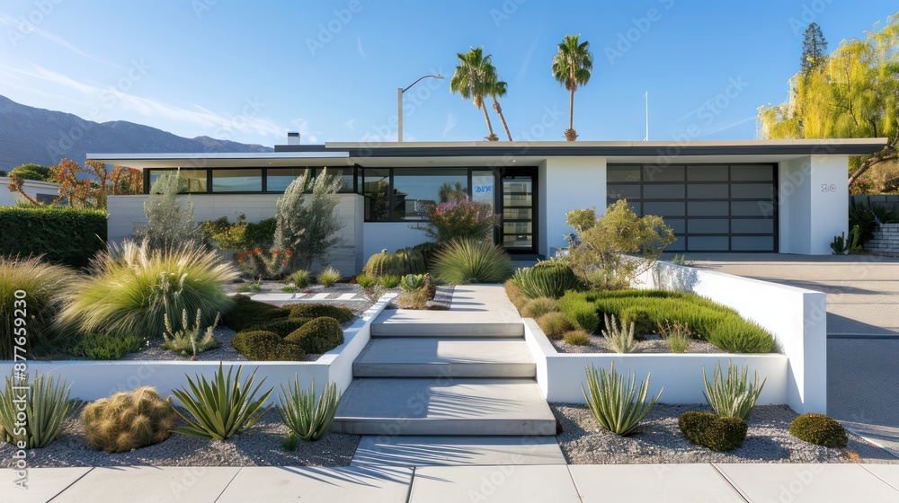 Fototapeta premium view of a suburban mid-century modern home with a minimalist approach to the front yard, featuring drought-tolerant landscaping and clean lines