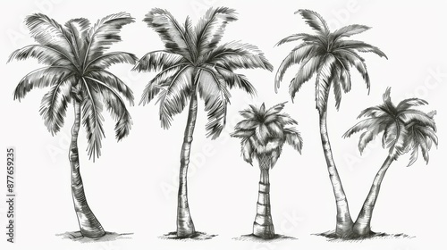 Black and white sketch of five palm trees, each depicted in a unique pose with detailed leaves and trunks, showcasing artistic diversity in tree portrayal.