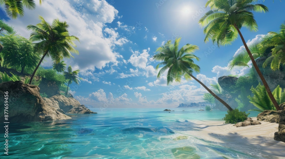 A captivating scene of a beautiful beach oasis, complete with towering palm trees, crystal-clear blue waters, and a bright, sunny sky dotted with fluffy white clouds. A captivating scene of a beautiful beach oasis, complete with towering palm trees, crystal-clear blue waters, and a bright, sunny sky dotted with fluffy white clouds.