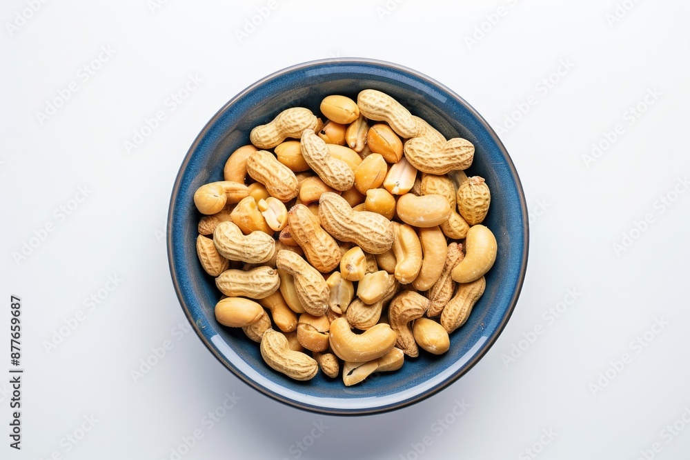 A bowl filled with peanuts sitting on a white surface A bowl filled with peanuts sitting on a white surface