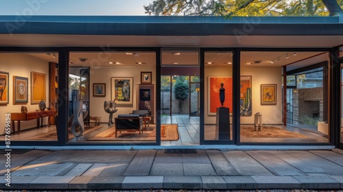 Fototapeta Naklejka Na Ścianę i Meble -  view of a suburban mid-century modern home with a private art gallery that showcases a collection of modernist paintings and sculptures