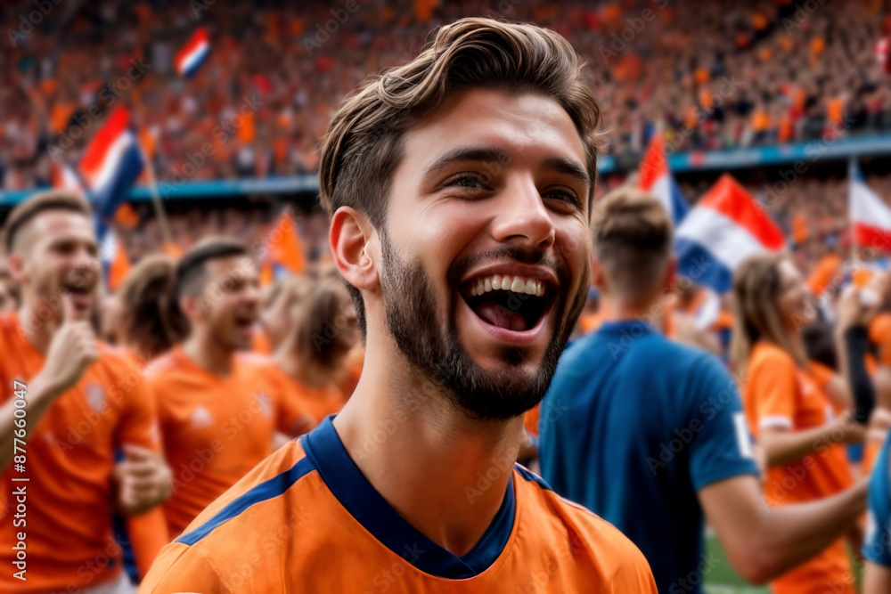Happy football fan cheers for Netherlands national team. Dutch soccer enthusiast guy celebrating victory in the stands at the stadium Happy football fan cheers for Netherlands national team. Dutch soccer enthusiast guy celebrating victory in the stands at the stadium