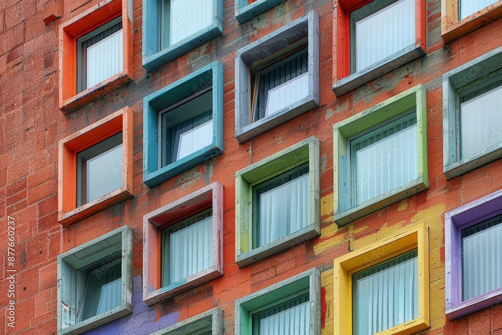 Fototapeta premium Modern building facade with colorful square windows and red brick wall